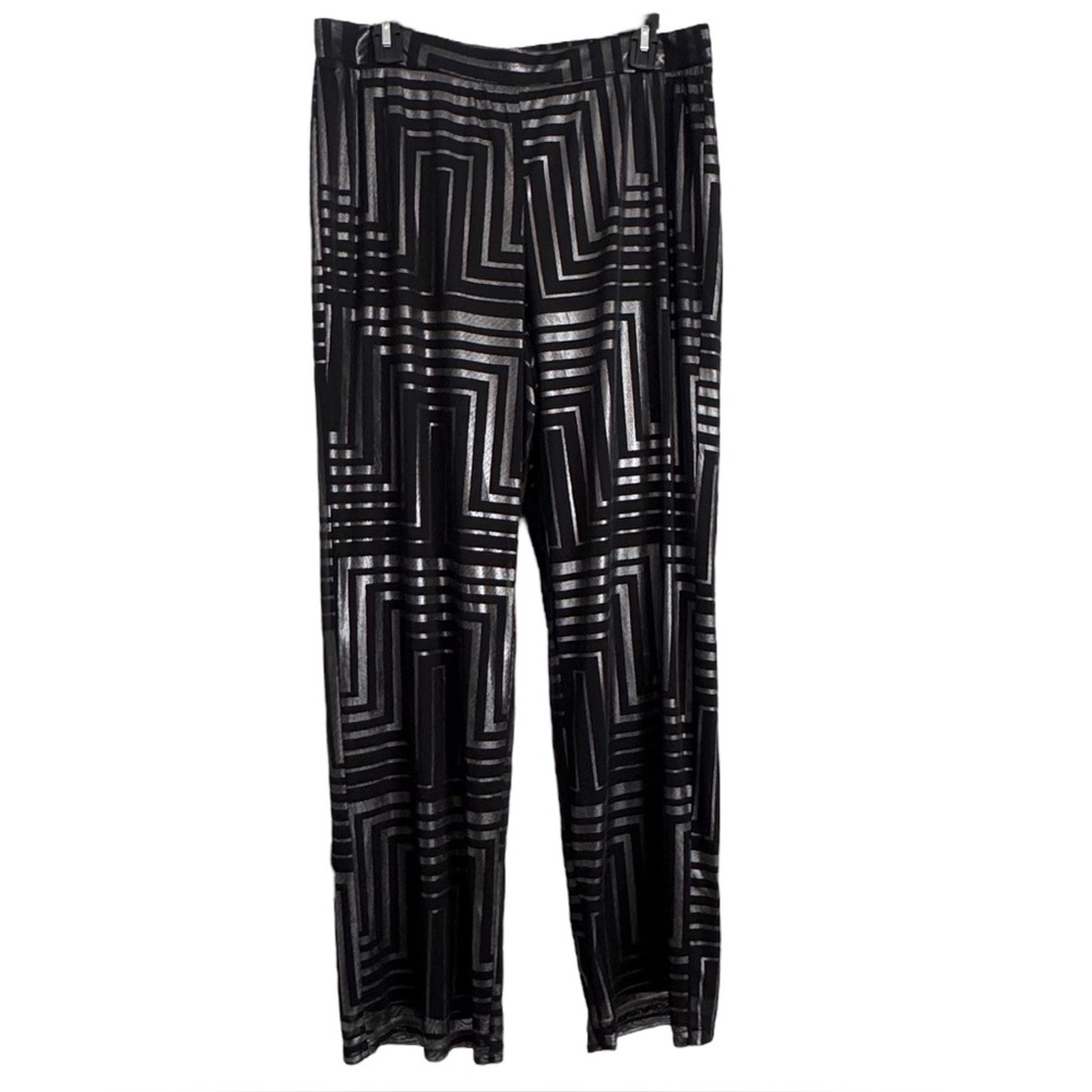 New Directions Size M Black/Silver Geometric Wide Leg Pull-On Fully Lined Pants - Picture 2 of 6